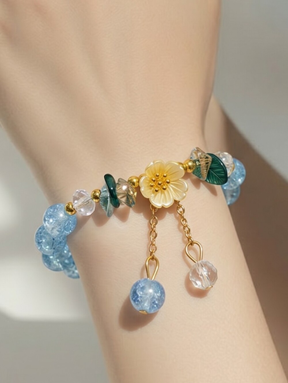 Aqua Blue Blossom Bracelet Beaded Gold Dangle Coquette Cottagecore Gift Stretch